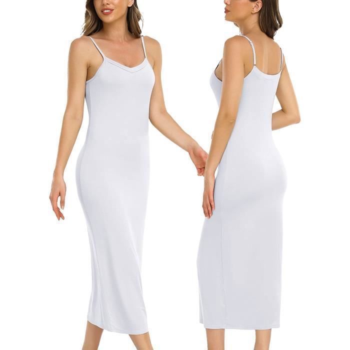 Fond de Robes Longue Lingerie Femme sous Robe Bretelles Slip Elegant Chemise de Nuit sans Manches Sexy Robe Femme blanc