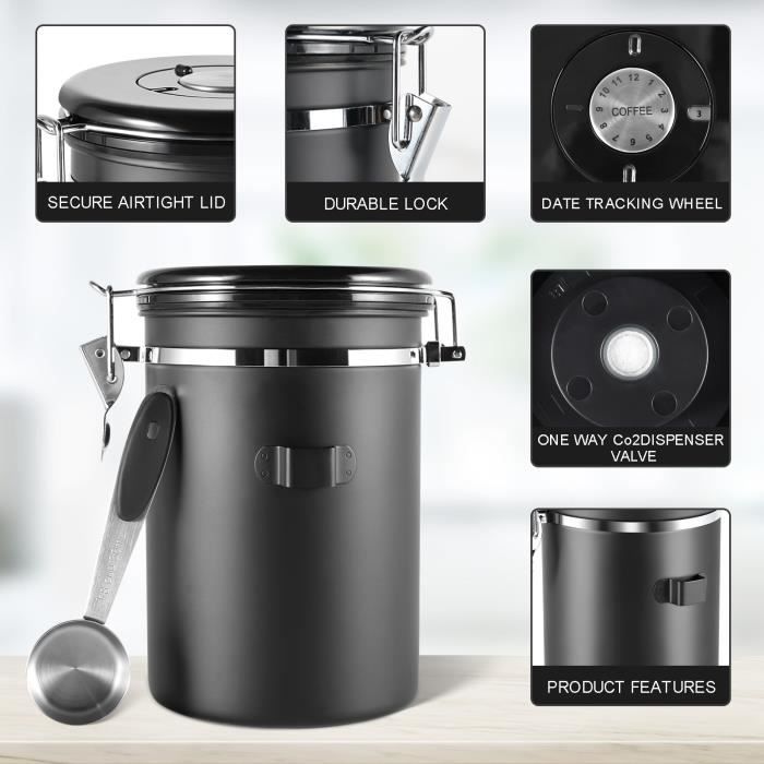 Boîte à Café Hermétique 1kg - Récipient à Grains De Café En Acier Inoxydable Avec Valve CO2 Avec Cuillere Doseuse 2 8 L Noir