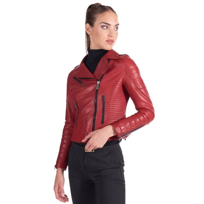 Veste cuir rouge perfecto matelasse cuir lave vintage zip croise Rosso Cdiscount Pret a Porter