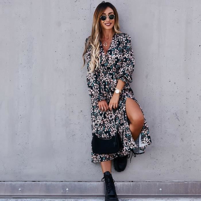 Robe Automne col en V longue robe imprim e florale pour les femmes