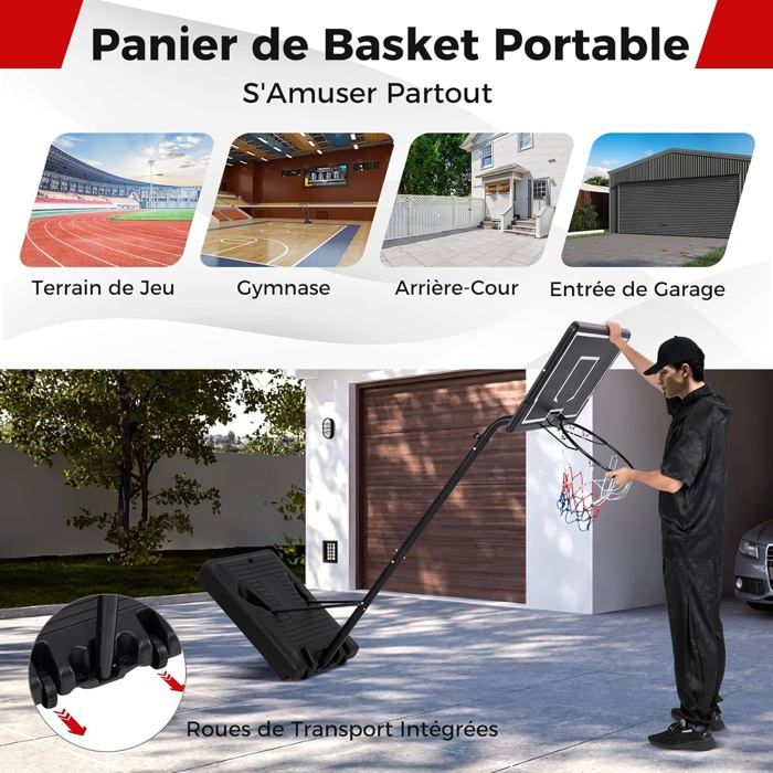 Panier De Basket GOPLUS Portable Avec Roues – Hauteur Réglable 206-305 Cm, Jante 48 Cm, Base Lestable (eau/sable) – Idéal Pour Jardin Ou Allée