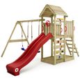 Aire de jeux en bois WICKEY MultiFlyer avec balançoire et toboggan rouge pour enfants de 3 à 13 ans-0