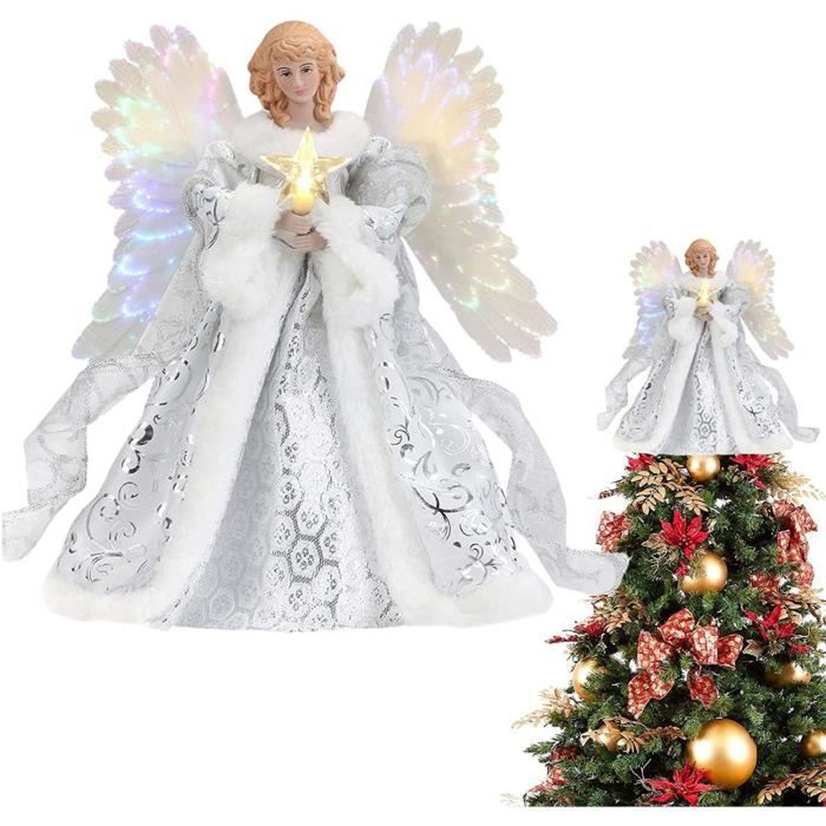 Ange De Cime De Sapin De Noël Lumineux - Décoration LED Avec Ailes - Style Rustique - Pour Fêtes Et Décorations