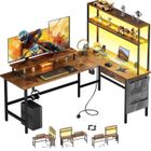 HLONONE Bureau en L de 150 cm, Bureau Gaming LED, Avec Tiroirs et Sacs de Rangement, Prises électriques et Ports USB