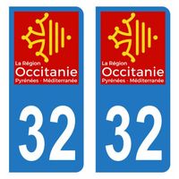 Lot 2 Autocollants Stickers plaque immatriculation voiture auto département 32 Gers Logo Région Occitanie