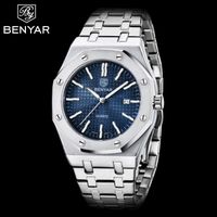 Benyar Top Luxury Men's Business Quartz Montres Argent Bleu En Acier Inoxydable Veilleuse Montre Homme
