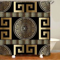 Rideau de Douche Grec géométriques noir et or Tissu Polyester imperméable 180 x 200cm Anneaux Inclus