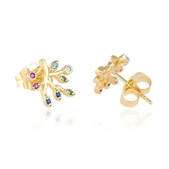 Boucles D'oreilles Puces Arbre De Vie - Cristal Blanc Acier Doré - Neuf Avec étiquettes