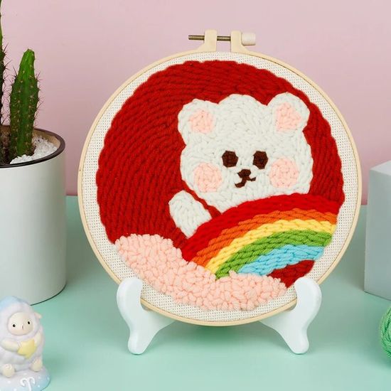 Kit Broderie Au Poinçon Pour Débutants – 4 Cadres Ronds 20cm, Aiguille, Fil, Tissu, Activité DIY Enfant/adulte