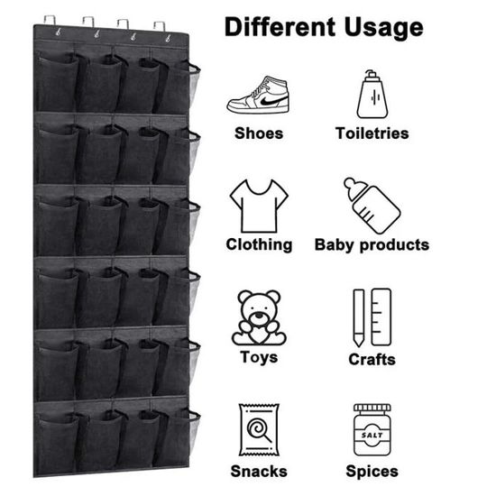 Organisateur De Chaussures 24 Poches à Suspendre Sur Porte - Tissu Non Tissé Noir, 4 Crochets