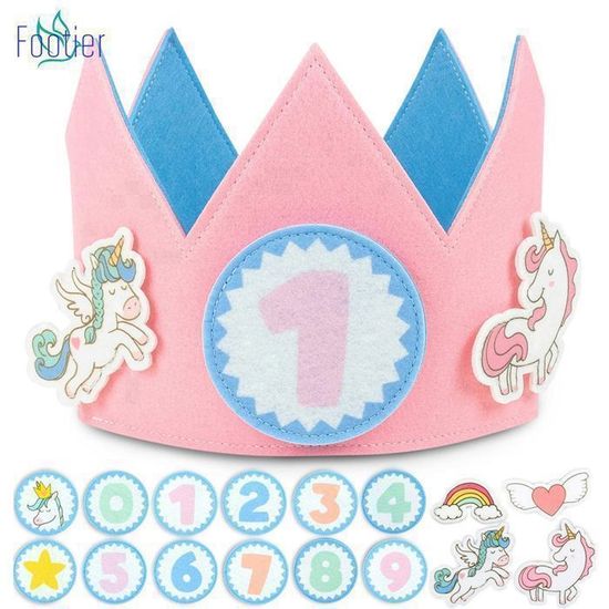 JOYUE Couronne d'Anniversaire Enfant Chapeau Anniversaire, Couronne en Tissu Unisexe, Couronne d'Anniversaire en Mousseline avec Chiffres, Couronne Chapeaux Anniversaire Fille et Garçon (Rose
