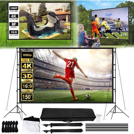 Écran De Projecteur 150 Pouces 16:9 HD 4K Portable Anti-Plis Avec Support Et Sac - Intérieur Extérieur