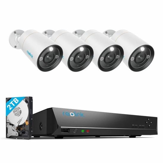 Reolink 12MP Kit de Surveillance PoE avec Détection Intelligente & Projecteurs, 4pcs Caméra Extérieur,8CH NVR avec 2To-RLK8-1200B4-A