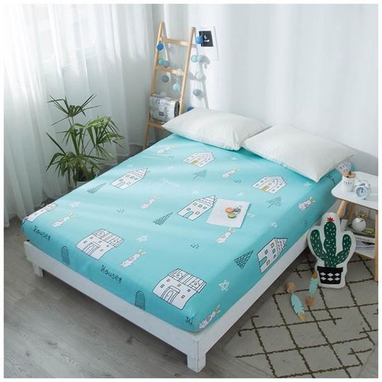 Drap-Housse Simple Étoiles Imprimé Microfibre - 160x220 Cm, Poches 30 Cm, Antidérapant - Vert/Blanc