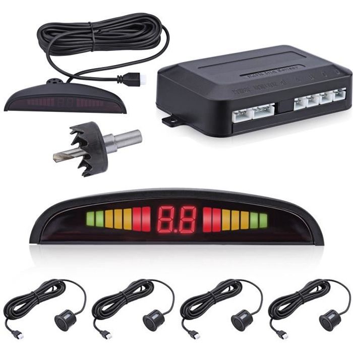 Kit Radar de Recul AD-YYFM-4 4 Capteurs Auto Système Parcage Stationnement Ecran LED Noir