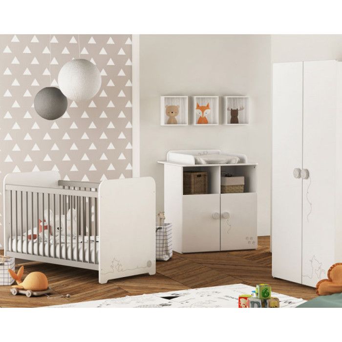 Chambre bébé complète mixte Blanc/Gris - CHATON - Blanc - Bois - Lit : L 67 x l 123 x H 90 cm - Armoire : L 88 x l 51 x H 182 cm -
