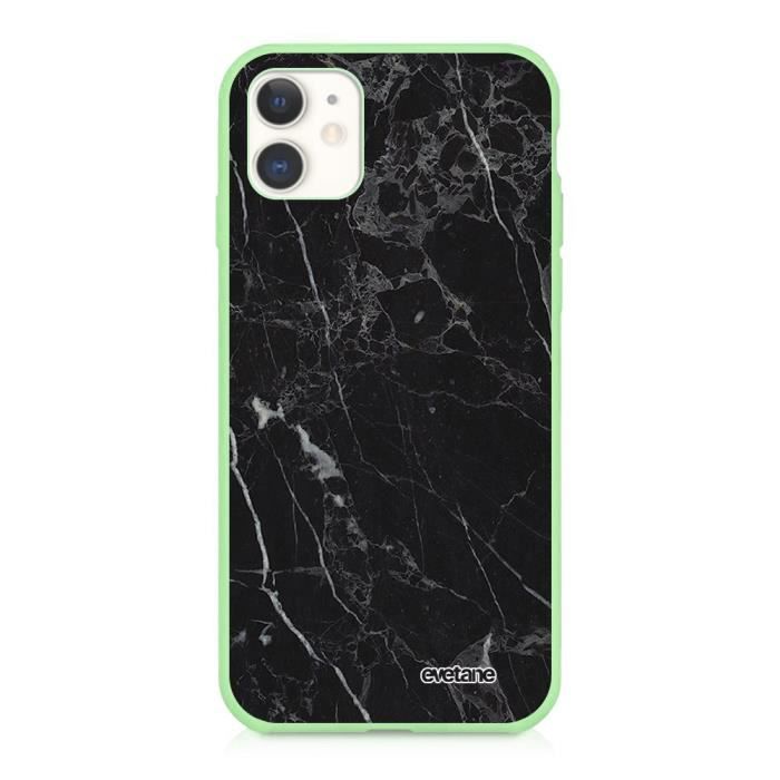 Coque iPhone 11 Silicone Liquide Douce vert pâle Marbre noir Ecriture Tendance et Design Evetane