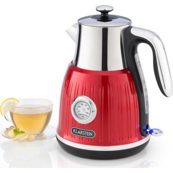 Klarstein Cancan Bouilloire électrique sans fil 1,6 litre - Puissance réglable de 1800 à 2150W - Base 360° - Look rétro rouge