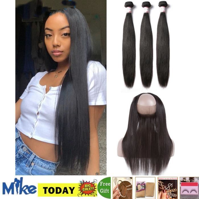 3 paquet 22.24.26- Péruviennes cheveux naturels LISSE Avec Lace Frontal Closure 360 Cheveux Naturels 18-closure