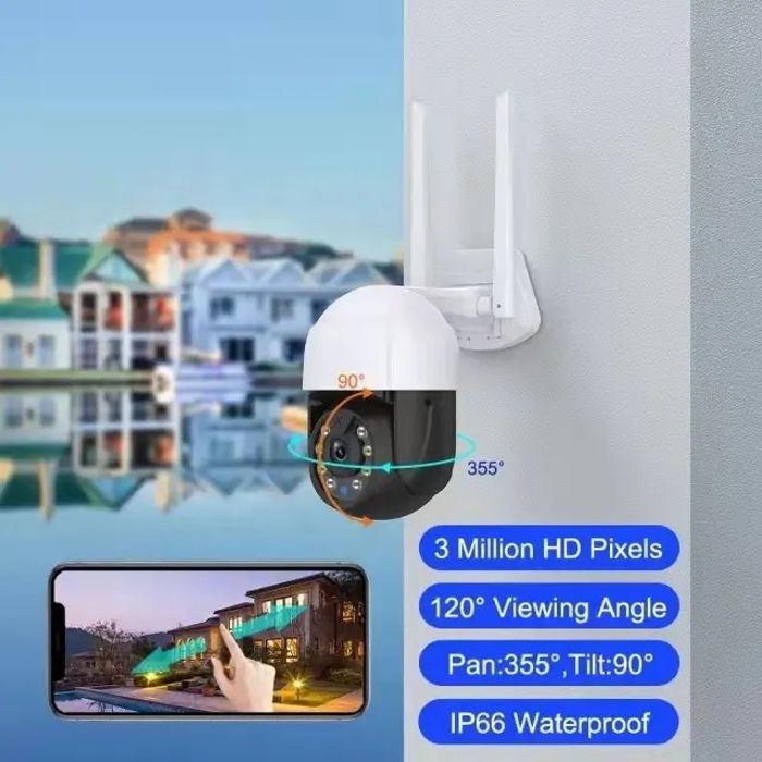 PRUMYA Caméra de Surveillance WiFi Extérieure, Surveillance de Sécurité 3Mp Zoom Double Objectif 1080P, Vision Nocturne Couleur IP66