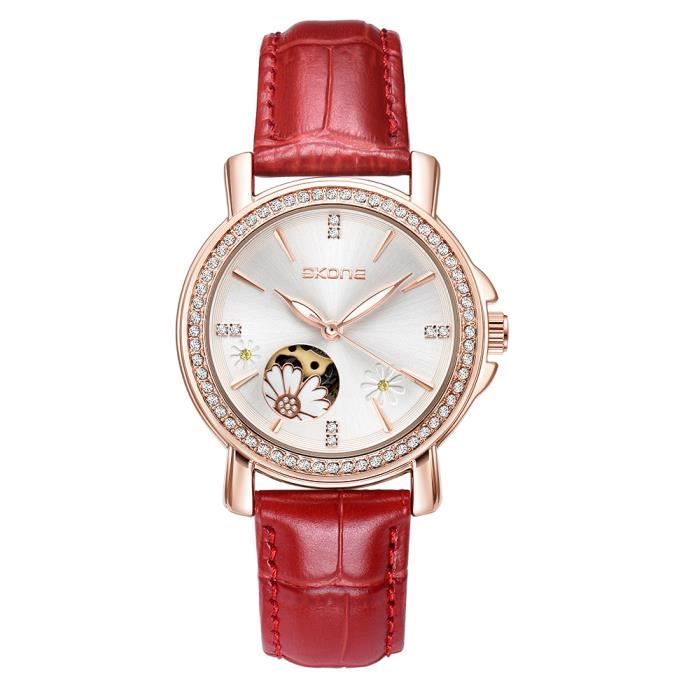 Montre Femme Mécanique Automatique de Marque - Motif Fleur - Étanche - Cuir - Rouge