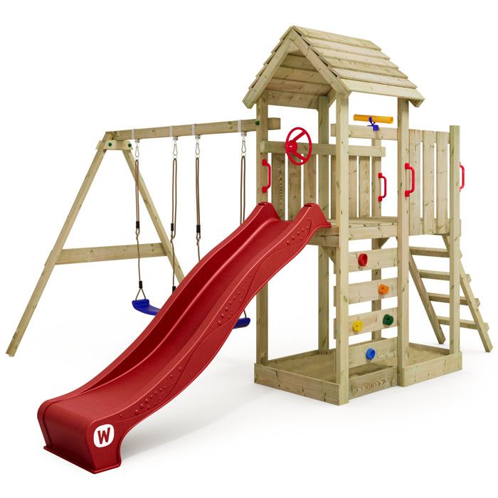 WICKEY Aire de jeux Portique bois MultiFlyer toit en bois avec balançoire et toboggan rouge Maison enfant extérieure