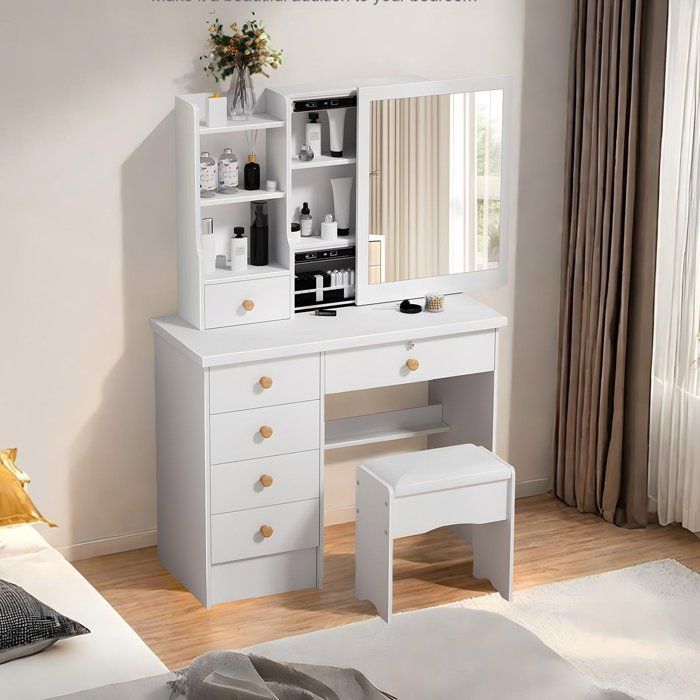 Coiffeuse avec miroir et tabouret - BIPLUT - 6 Tiroirs - Rangement Caché - Bois MDF - Poignées en Bois - 80x37x122 cm