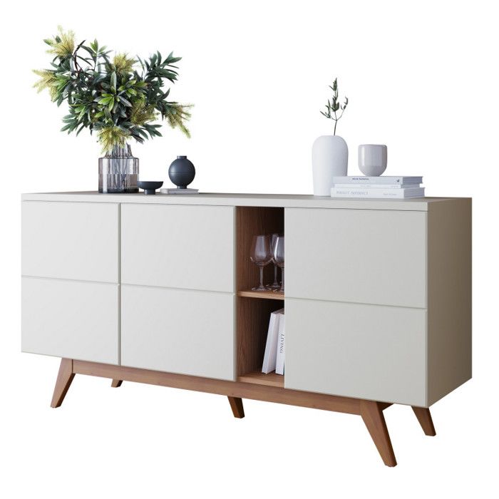 Buffet Bas 3 Portes 7 Niches Blanc et Chêne 5 Pieds Bois L 160 H 80.2 P 44.5 cm - L 160 x l 44.5 x H 80.2 cm Buffet Bas 3 Portes 7 Niches Blanc et Chêne 5 Pieds Bois L 160 H 80.2 P 44.5 cm - L 160 x l 44.5 x H 80.2 cm