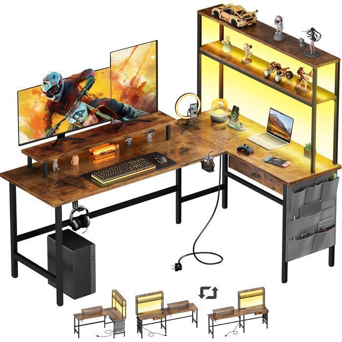 HLONONE Bureau dangle avec Rangement 150 x 100 cm Bureau Gaming en L avec Prise Intégrée & LED Support de Moniteur Marron