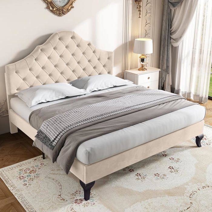 Lit Double 140x190 avec Sommier à Lattes Lit Capitonné avec Tête de Lit Réglable en Hauteur Velours Beige (sans Matelas)
