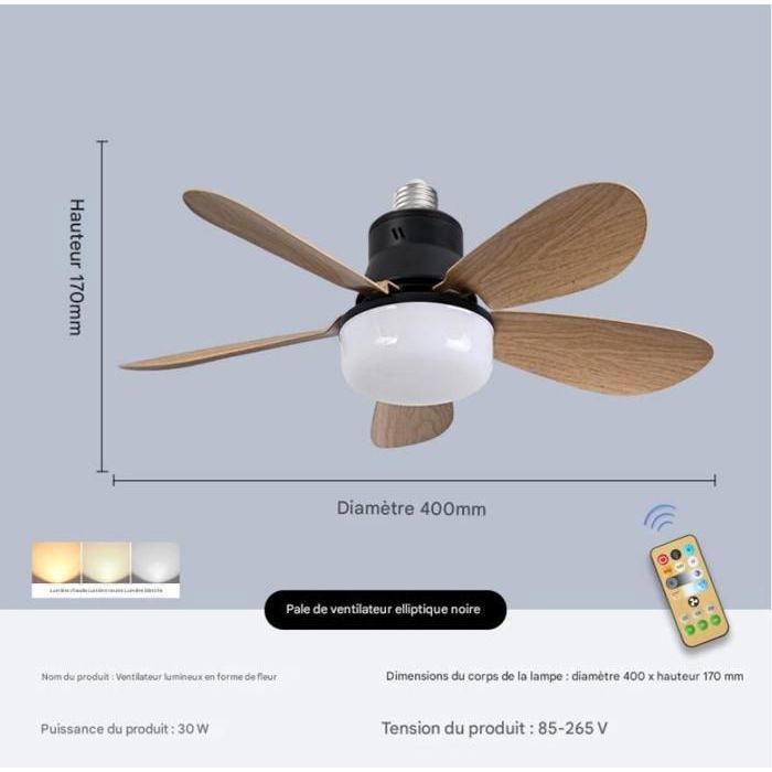 Ventilateur de plafond à pales ovales en bois avec douille à vis E27 silencieux 30 W - Noir Multicolore VENTILATEUR DE PLAFOND - Hanlin