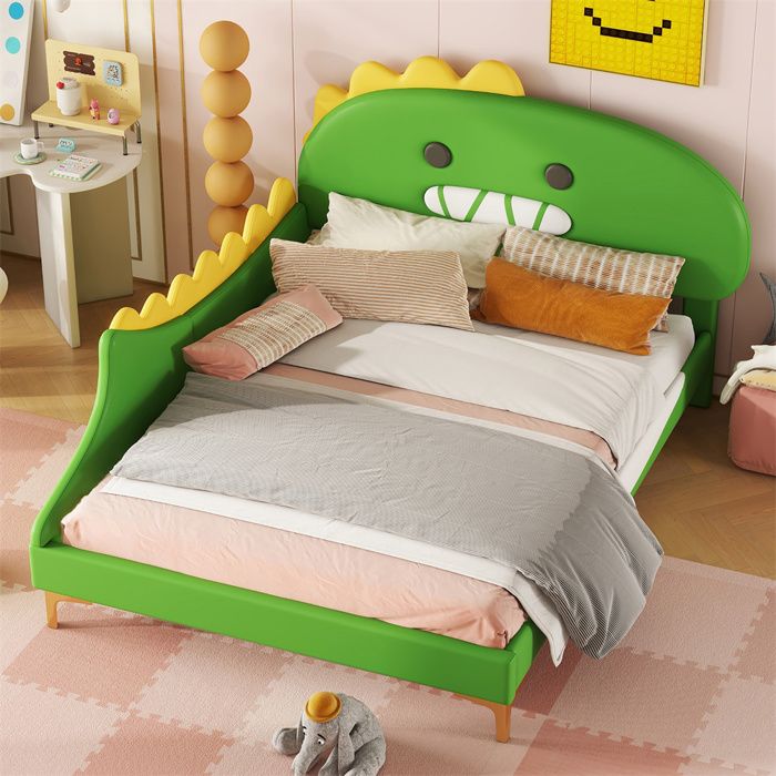 Lit enfant 140 x 200 cm forme dinosaure vert en PU sommier à lattes capacité 220 kg