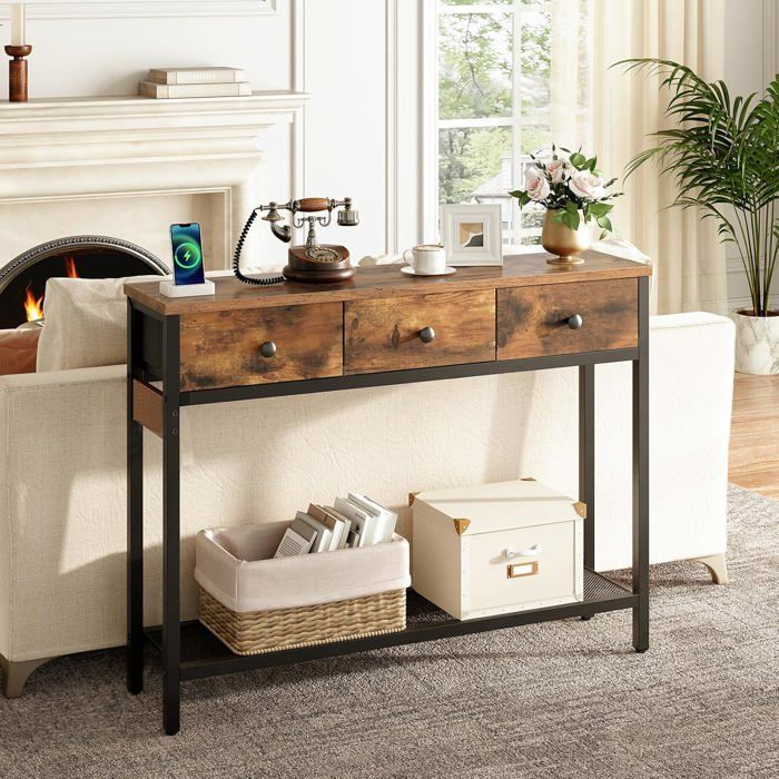 HOOBRO Console Meuble Table Console Table de Présentation Table d’Entrée 100 x 24 x 75 cmMarron Rustique