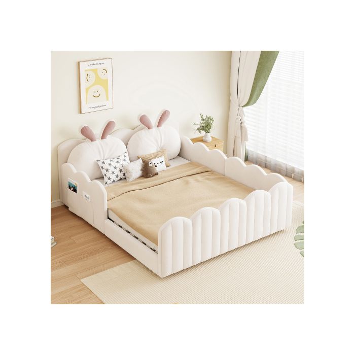 Lit double rembourré 140 x 200 cm avec tête de lit et sommier à lattes en bois lit enfant fille avec oreiller lapin beige Lit double rembourré 140 x 200 cm avec tête de lit et sommier à lattes en bois lit enfant fille avec oreiller lapin beige