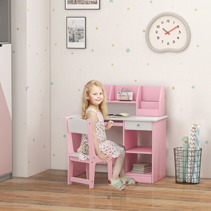 Bureau enfant avec chaise ergonomique avec clavier coulissant tiroir niches et étagères ouvertes 90 x 45 x 90 cm rose