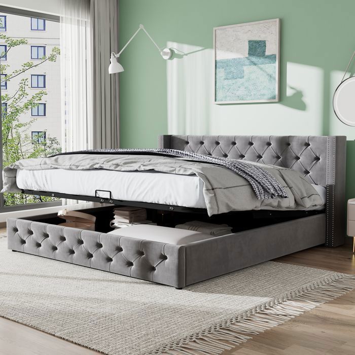 Lit Coffre Capitonné Chesterfield 160x200 cm – lit double en Velours Gris Tête Matelassée avec Rivets