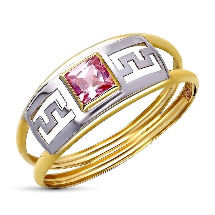 Bague en or jaune 9 carats avec détails ajourés double corps et zircone cubique rose largeur maximale 7 mm.