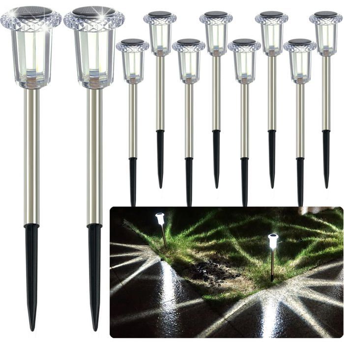 Lot de 10 lampes solaires dextérieur lumineuses pour allées éclairage solaire amélioré jardin pelouse cour allée (blanc froid)