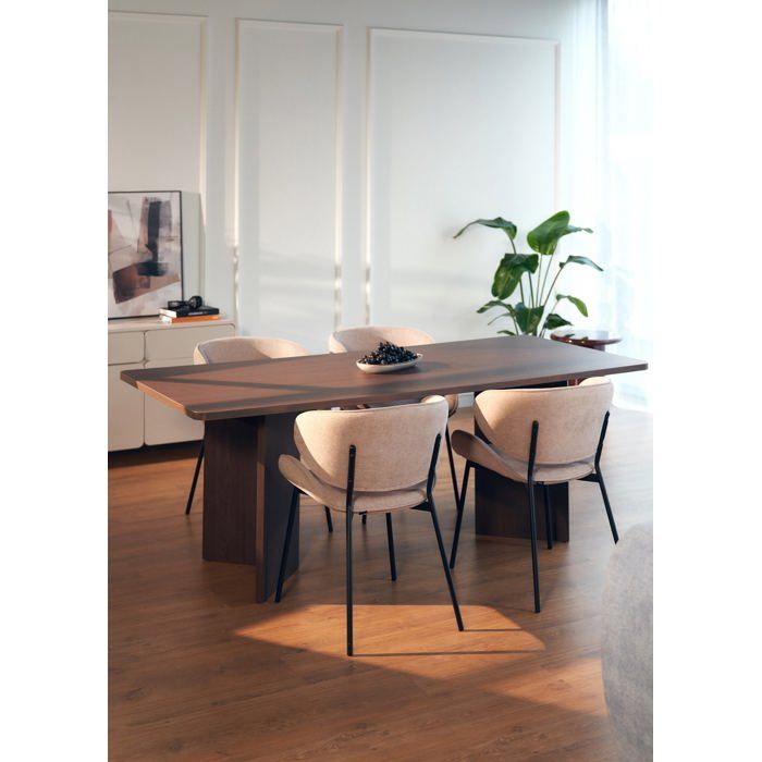 Table à manger rectangulaire – QUBEO – aspect Frêne brun – Bords arrondis piètement plein – 204x90 cm