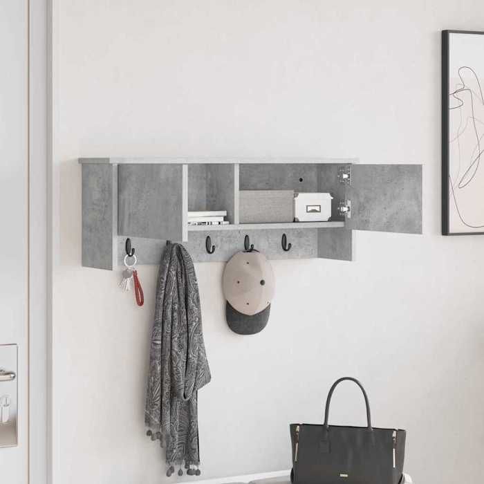 Porte-manteau mural avec étagère - WIENS - Gris béton - 80x20x30 cm - Bois dingénierie - 2 étagères - 2 portes