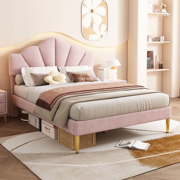 Structure de lit double - 140 x 190 cm - Tête de lit réglable (2 positions) - Velours rose - Structure métallique avec sommier