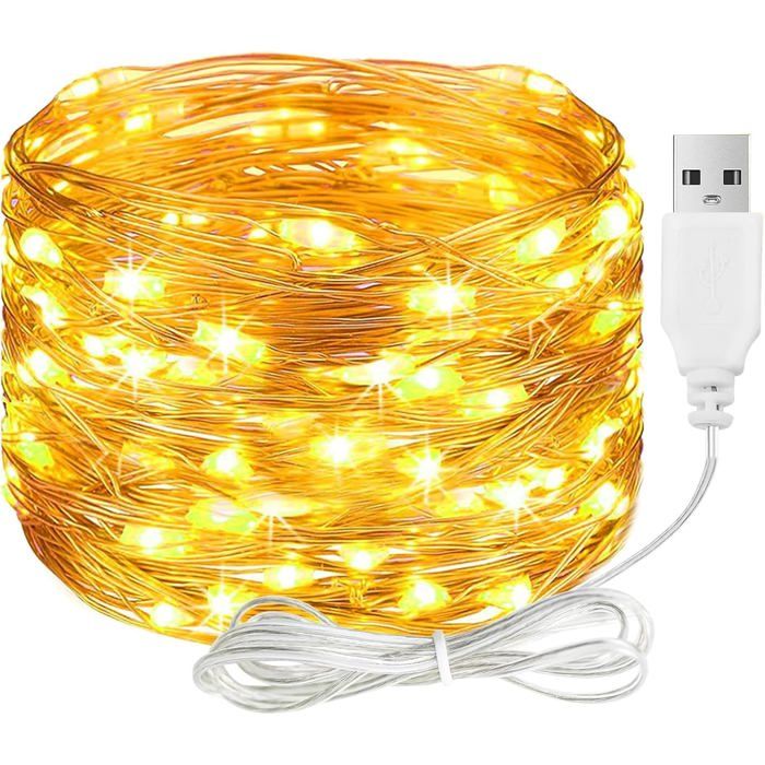 Guirlande lumineuse LED avec USB 5 m 50 LED en fil de cuivre avec prise guirlande lumineuse étanche blanc chaud pour lintérieur