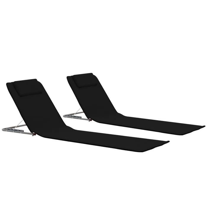 SALE 2026 Chaise longue terrasse Noir - Tapis de plage pliables 2 pcs Acier et tissu Noir PRO681062509