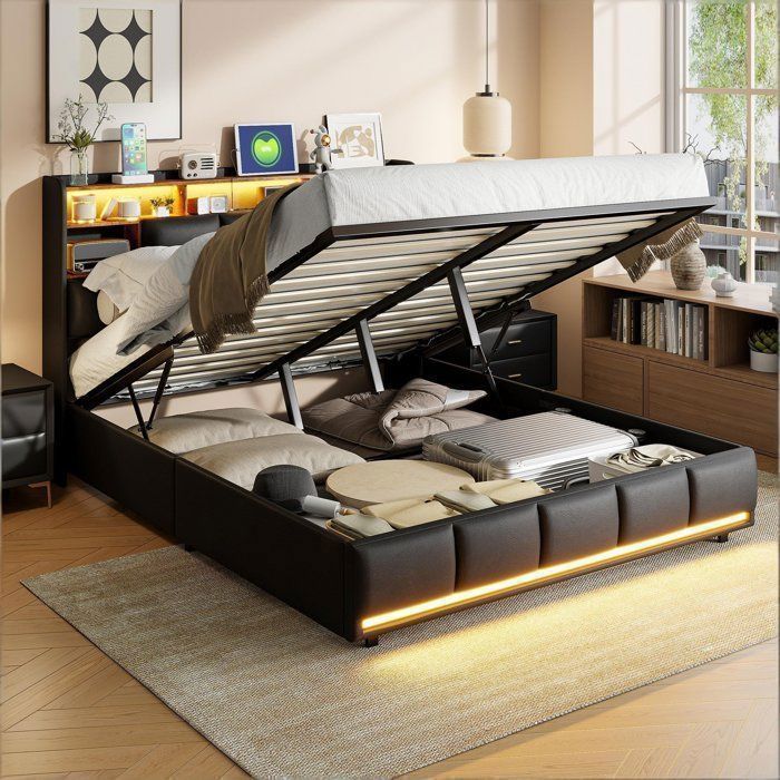 Lit capitonné 140×200 cm avec rangement bande lumineuse LED port de chargement USB lit coffre lit adulte lit ado Moderne PU Noir
