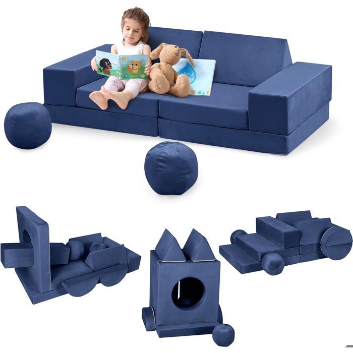 Canapé Enfant Convertible 12 PCS en Mousse-Housses Amovibles et Lavables-Chauffeuse Enfant 2 Places Transformable Bleu
