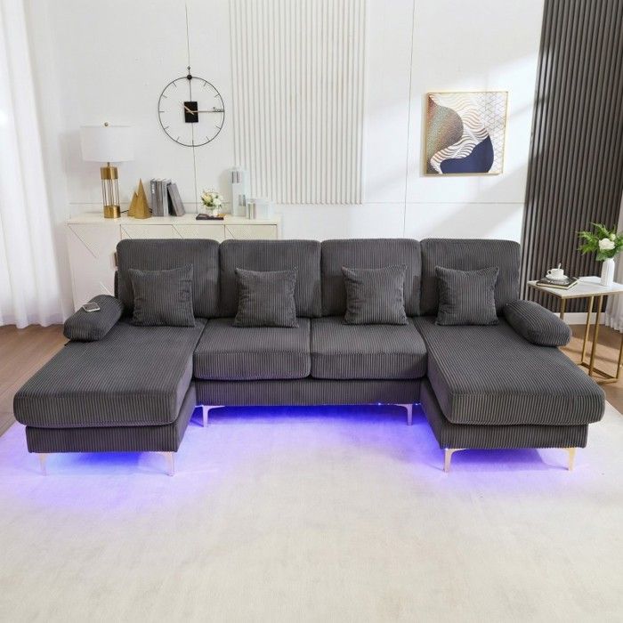 Canapé en U - VVBV - Relaxation - Velours gris - LED dambiance & USB-C - Bois massif 4 places