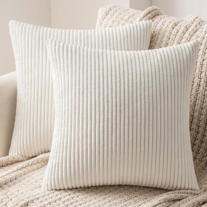 Lot de 2 Housse de Coussin Decorative en Velours Côtelé Canapé Taie oreiller Douce pour Maison Salon Chambre C - Blanc