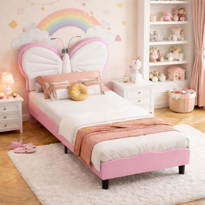 DADEA Lit Enfant rembourré rose 90x190 avec Tête de Lit Lits Princesse Fille avce LED Tête de lit papillon avec hauteur réglable