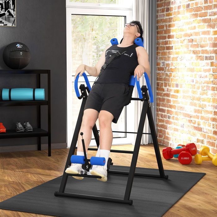 Table dinversion de musculation pliable ceinture de sécurité réglable angle ajustable 3 niveaux 79x114x153cm bleu noir
