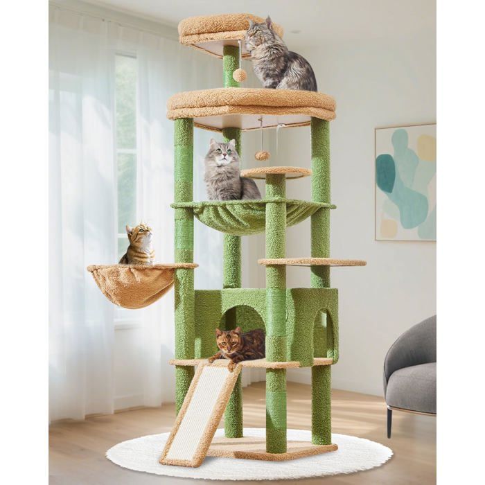 Arbre à Chat Grand Format 183cm pour Maine Coon - 5 Griffoirs Condos Spacieux et Grandes Plateformes - avec Hamac et Panier Vert